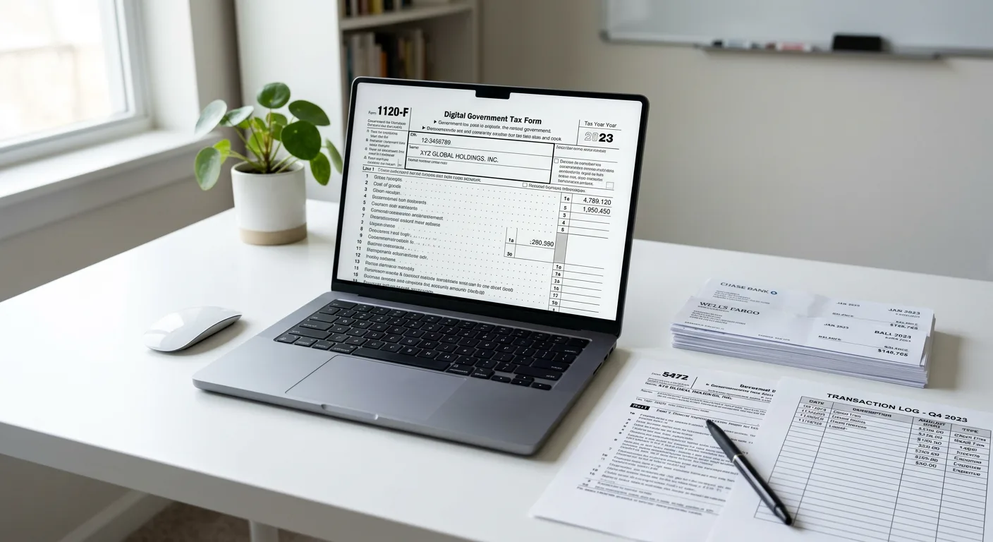 A calendar with April 15 marked as filing deadline, a stack of Form 5472 PDFs, and a laptop showing a compliance dashboard