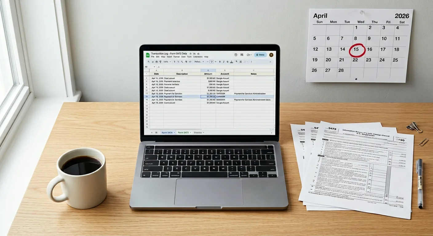 A desk with a laptop showing IRS Form 1120-F, printed Form 5472, bank statements, and a transaction log